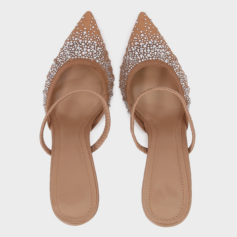 Rhinestone Studded Mesh Mid-heeled Sandals
