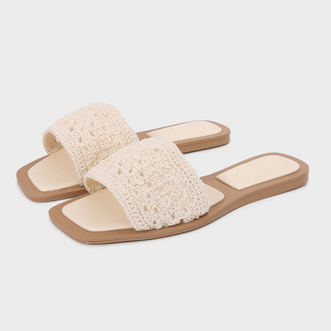 Beige Woven Flat Heel Slippers