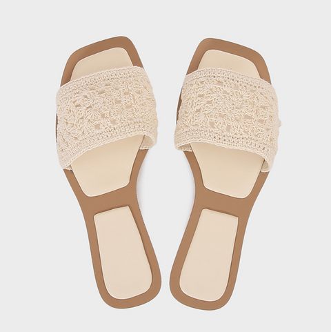 Beige Woven Flat Heel Slippers