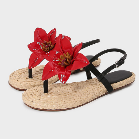 One-Buckle Floral Roman Straw Slippers