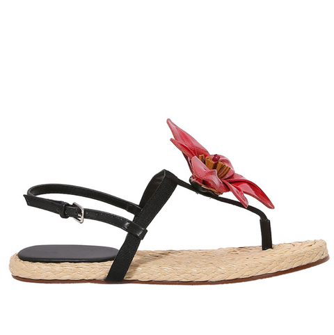 One-Buckle Floral Roman Straw Slippers