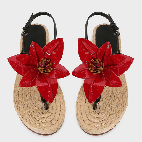 One-Buckle Floral Roman Straw Slippers