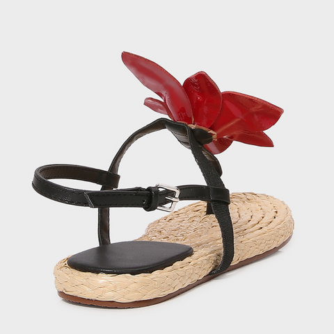 One-Buckle Floral Roman Straw Slippers
