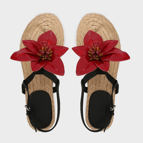 One-Buckle Floral Roman Straw Slippers