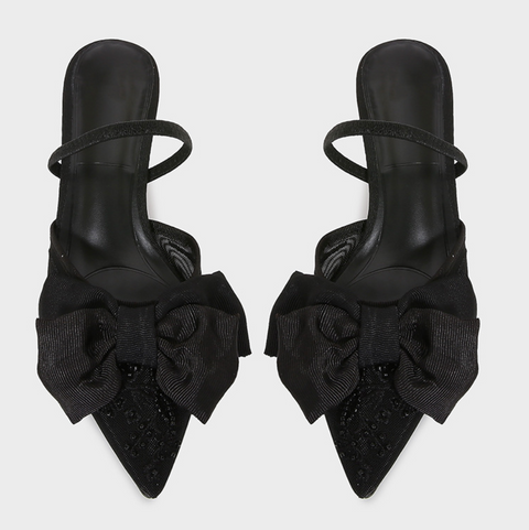 Bow Embellished Black Mesh Heeled Sandals
