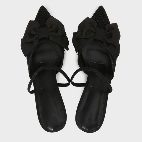 Bow Embellished Black Mesh Heeled Sandals