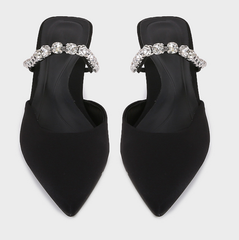 Black Satin Rhinestone Heeled Sandals