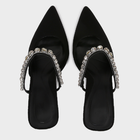 Black Satin Rhinestone Heeled Sandals