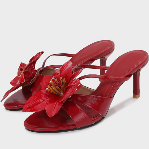 Flower Embellished Red Stiletto Sandals