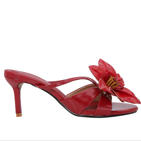 Flower Embellished Red Stiletto Sandals