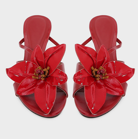 Flower Embellished Red Stiletto Sandals