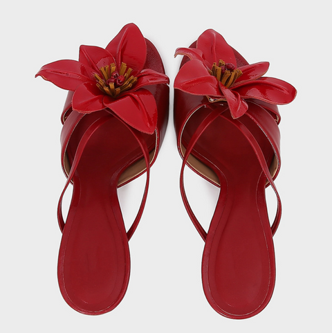 Flower Embellished Red Stiletto Sandals