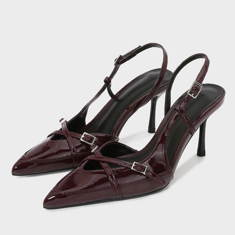 Silver Buckle Pointed-Toe Heeled Sandals