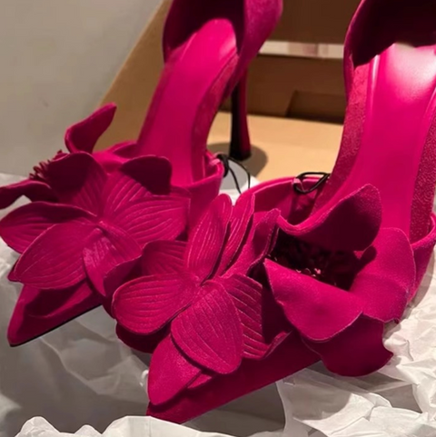 Flower Embellished Rose Red High Heels