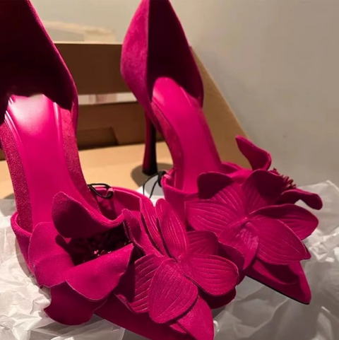 Flower Embellished Rose Red High Heels