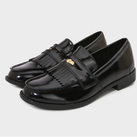 Fringed Chunky Black Leather Flats