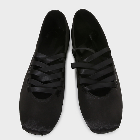 Black Lace-Up Square Toe Flats