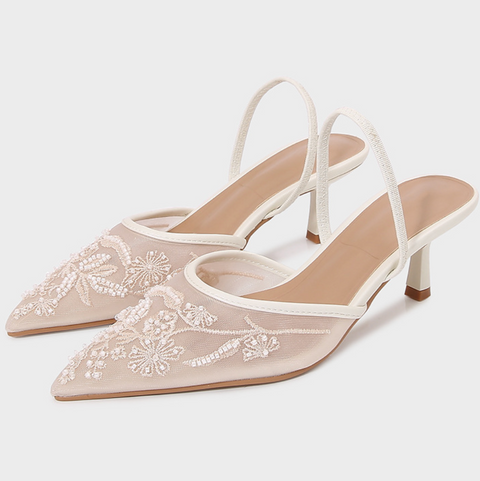 Embroidered White Mesh Pointed-toe Sandals