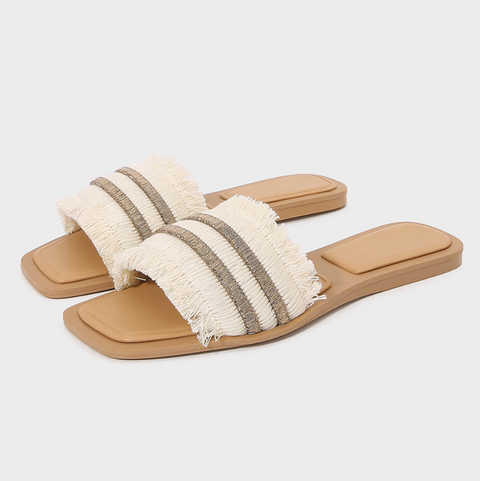 Fringe Trimmed One-strap Flat Slippers