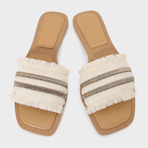 Fringe Trimmed One-strap Flat Slippers