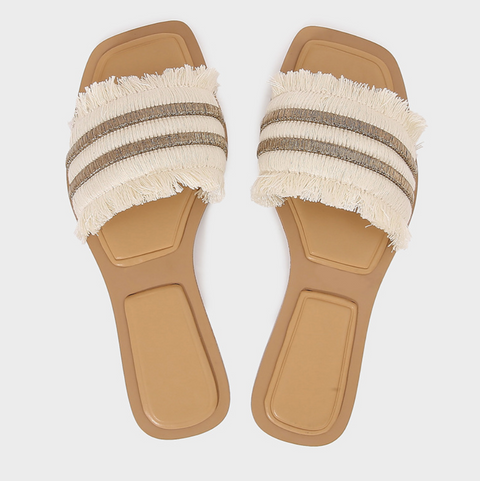 Fringe Trimmed One-strap Flat Slippers
