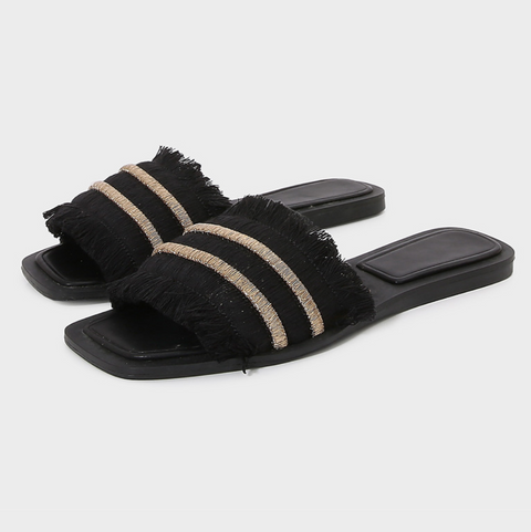 Fringe Trimmed One-strap Flat Slippers