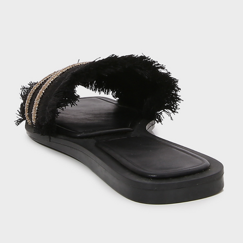 Fringe Trimmed One-strap Flat Slippers