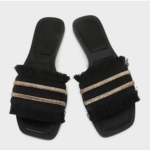 Fringe Trimmed One-strap Flat Slippers