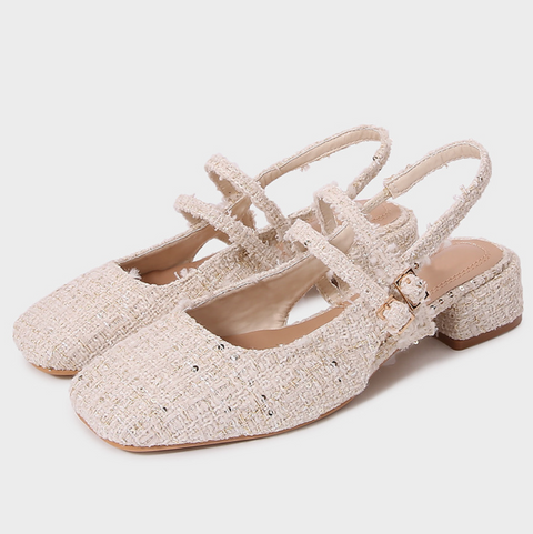 Light-beige Tweed Round-toe Sandals