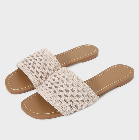 Hollowed Interwoven Fabric Flat Slippers