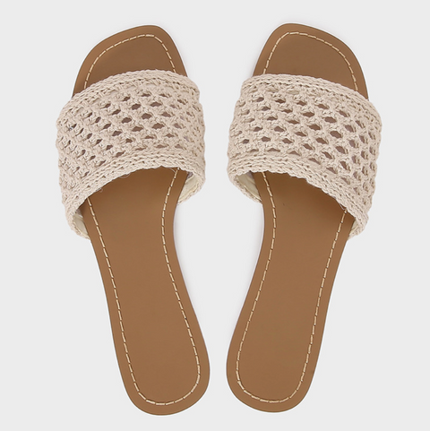 Hollowed Interwoven Fabric Flat Slippers