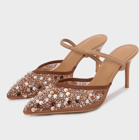Beaded Mesh Peep-toe Heeled Sandals
