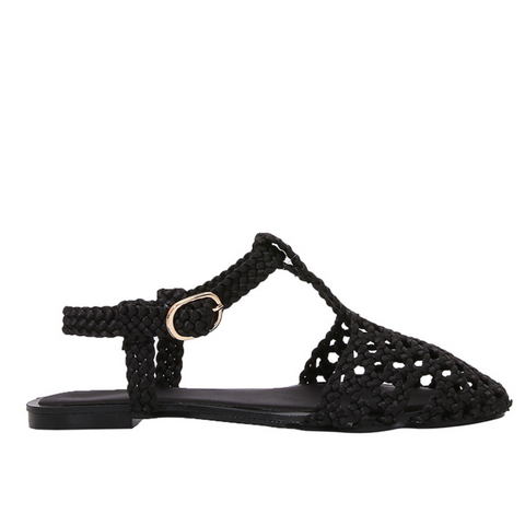 Black Cage Buckled Woven Sandals