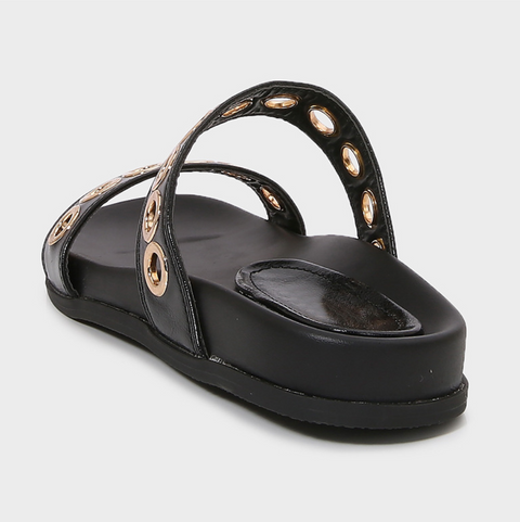 Metal Ring Embellished Black Flat Slippers