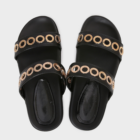 Metal Ring Embellished Black Flat Slippers
