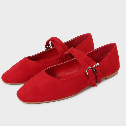 Double Spaghetti Strap Buckled Suede Flats