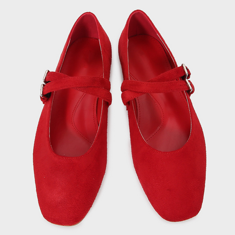 Double Spaghetti Strap Buckled Suede Flats