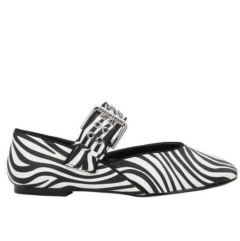 Zebra Print Buckle Round Toe Flats