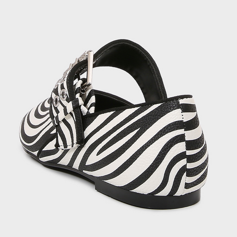 Zebra Print Buckle Round Toe Flats