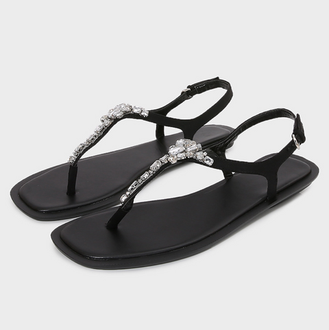 Rhinestone Studded Clip-toe Black Sandals