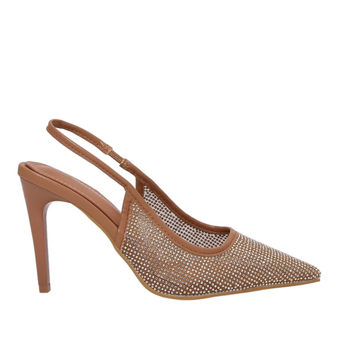 Brown Mesh Rhinestone Heeled Sandals