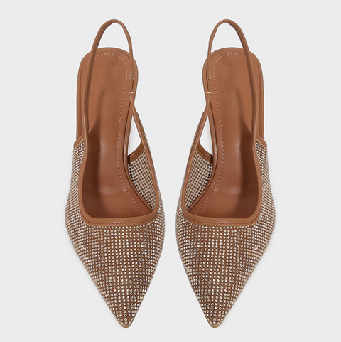 Brown Mesh Rhinestone Heeled Sandals