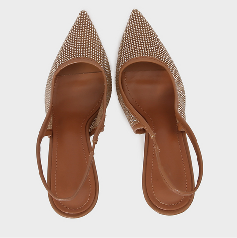 Brown Mesh Rhinestone Heeled Sandals
