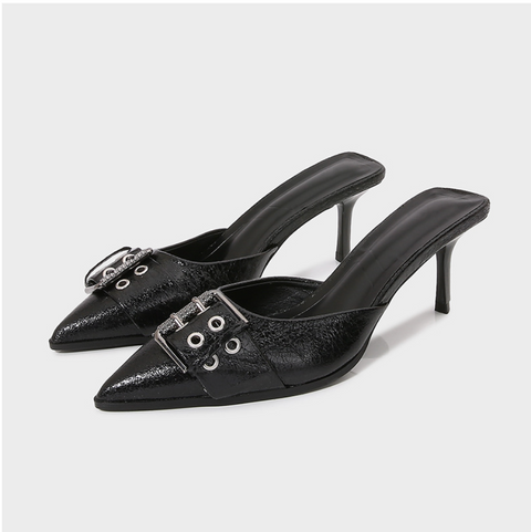 Buckle Decorated Black Half-slipper Sandals
