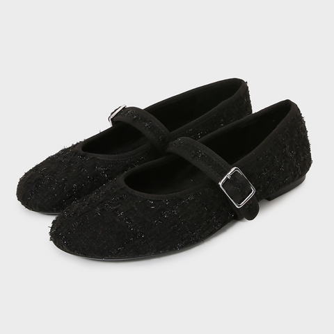 Tweed Black Mary Jane Shallow Flats