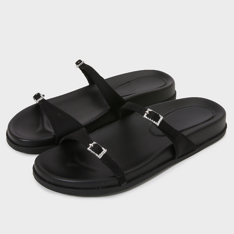 Rhinestone Buckle Double-strap Black Slippers