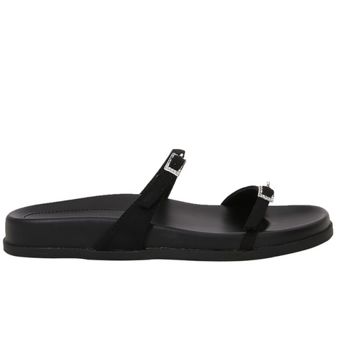 Rhinestone Buckle Double-strap Black Slippers