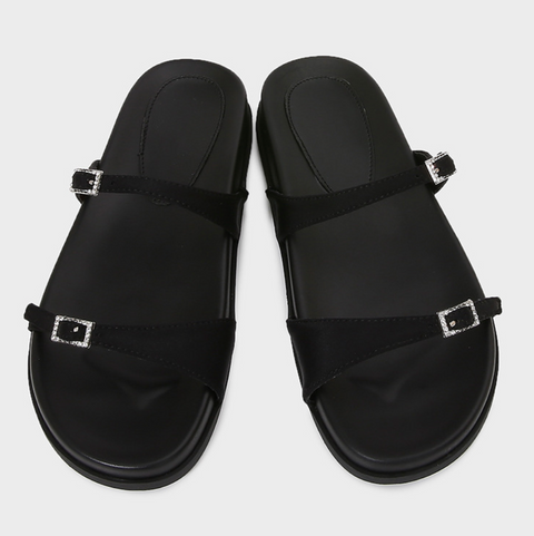 Rhinestone Buckle Double-strap Black Slippers