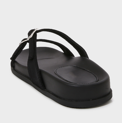 Rhinestone Buckle Double-strap Black Slippers