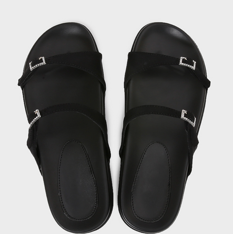Rhinestone Buckle Double-strap Black Slippers